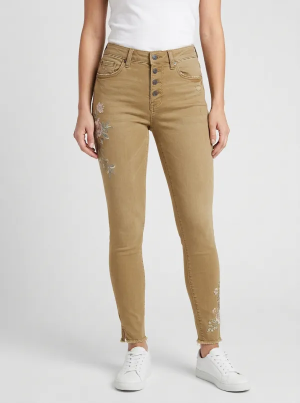 Women's Floral Embroidery High-Rise Button-Fly Printed Slim Jeans
