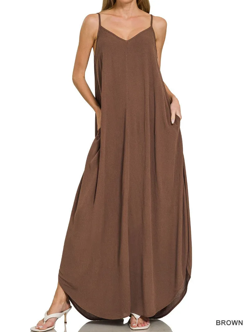 Classic Woven Crinkle Cami Maxi Dress with Side Pockets