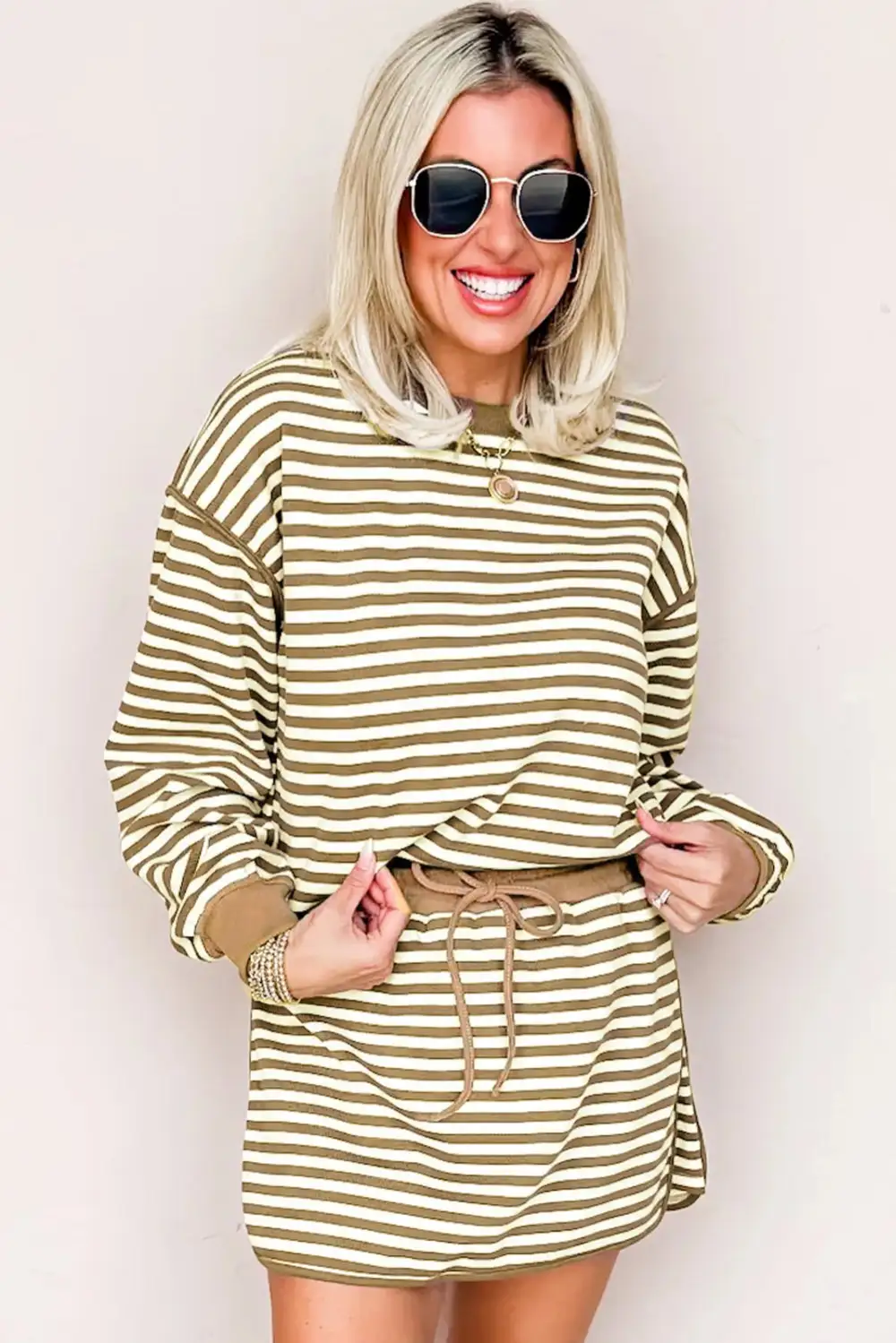 Lightweight Feel Striped Drawstring Drop Shoulder Skirt Set