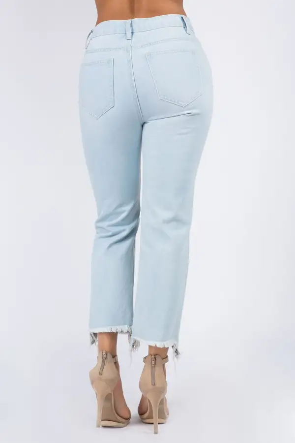 Classic High Waist Raw Hem Distressed Denim Jeans