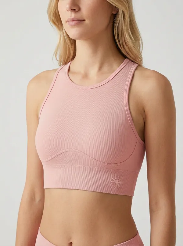 Women's Floral-Embroidered High-Neck Racerback Underbust-Seam Athletic Crop Top