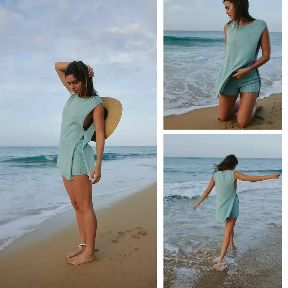 Women's Knit Sweater Set Sleeveless Tunic Top Matching Short 2 Pieces Set