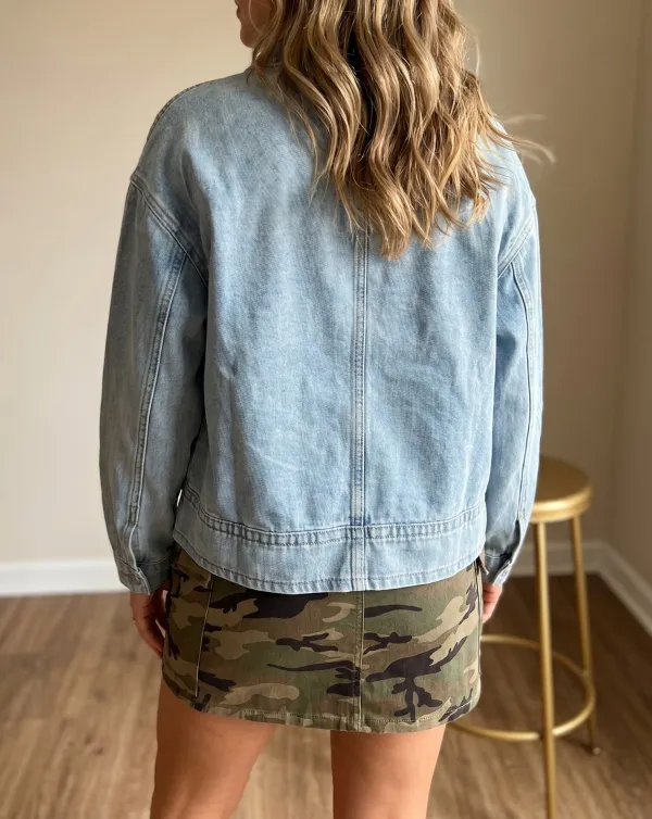 Women's Draw-cord Hem Light Wash Denim Jacket