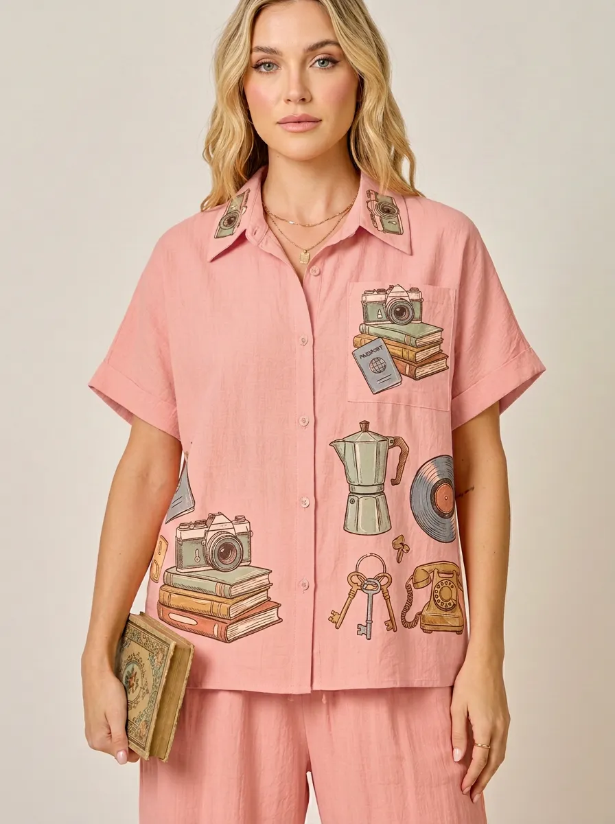 Women's Vintage Hobby Camera Book Coffee Graphic Shirt