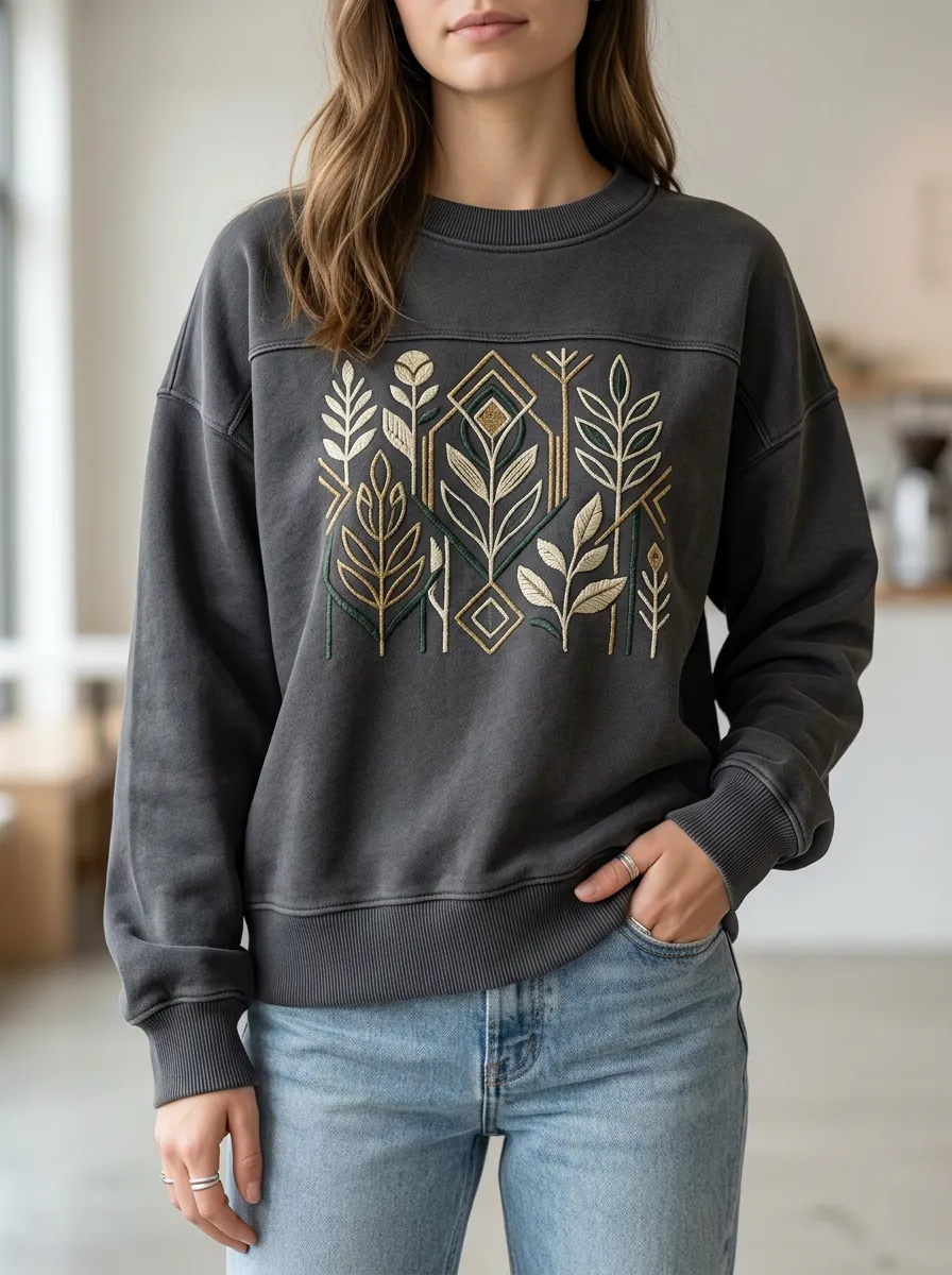 Women's Geometric Leaf Printed Crewneck Sweatshirt