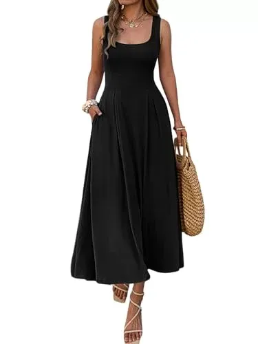 Women’s Summer Sleeveless Empire Maxi Dress Square Neck A-Line Pleated Flowy Elegant Casual Dresses with Pockets