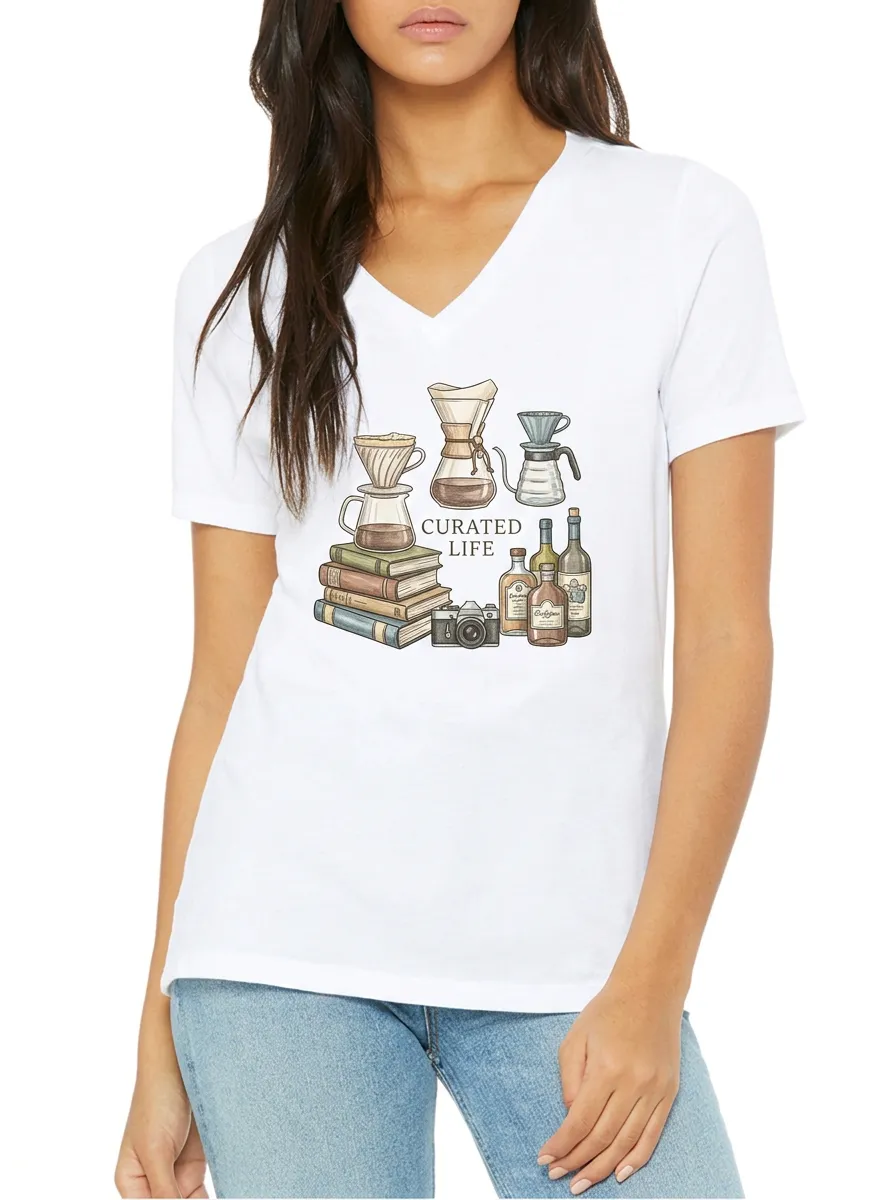 Women's Coffee Book Curated Life Graphic V-Neck T-Shirt