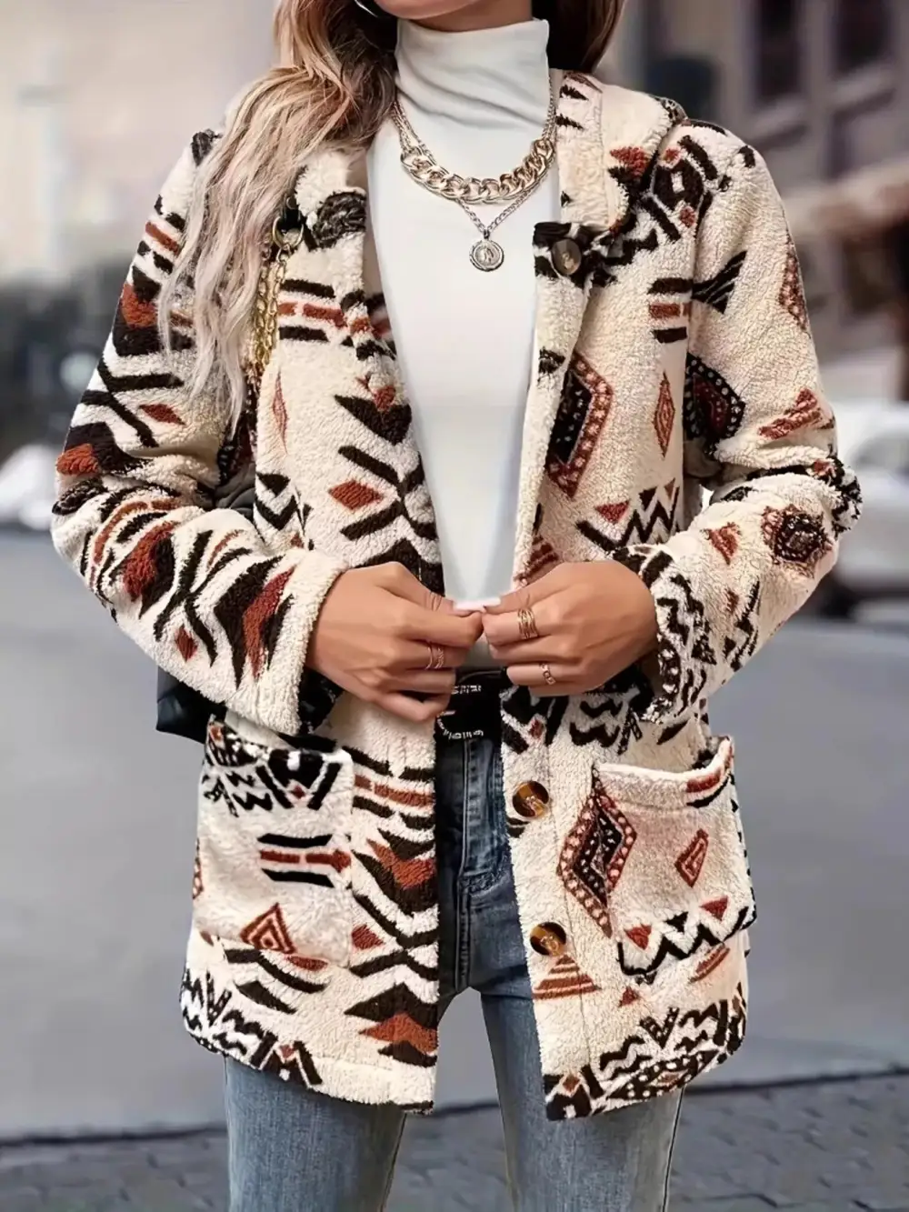 Ethnic Pattern Button-up Fleece Outerwear