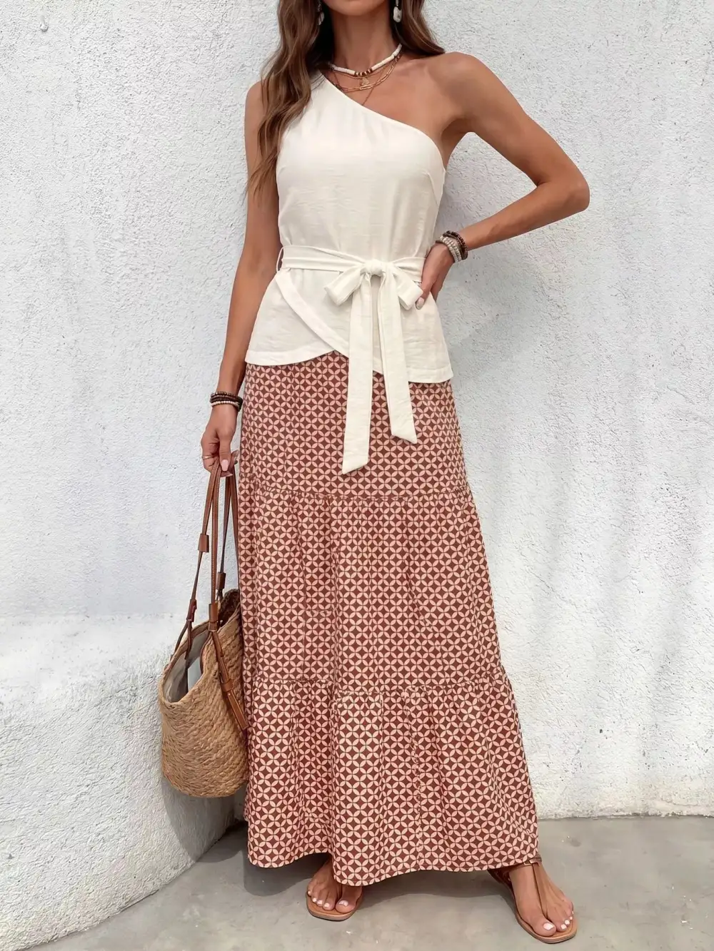 One Shoulder Printed Coordinated Set