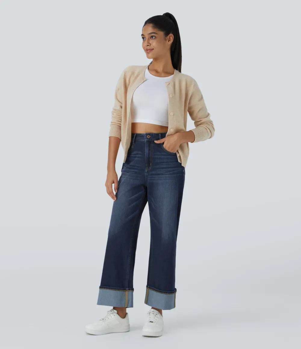 Magic High Waisted Multiple Pockets Rolled Hem Wide Leg Washed Stretchy Knit Casual Jeans