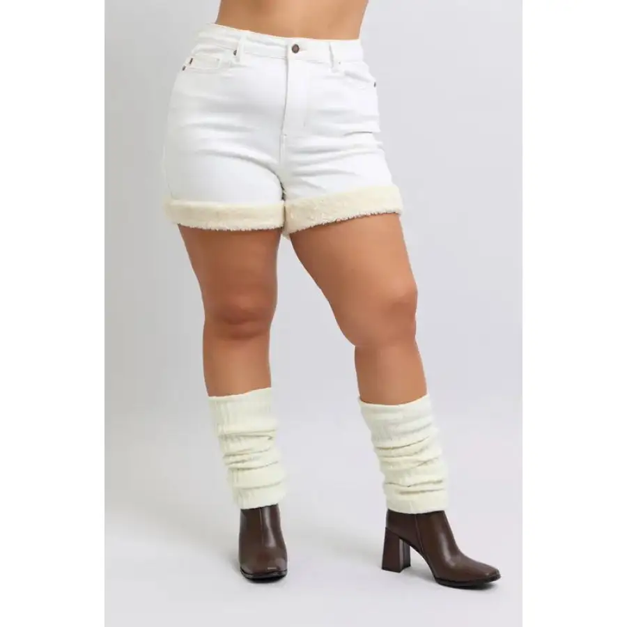 Full Size High Waist Shearling Cuff Denim Shorts Plus