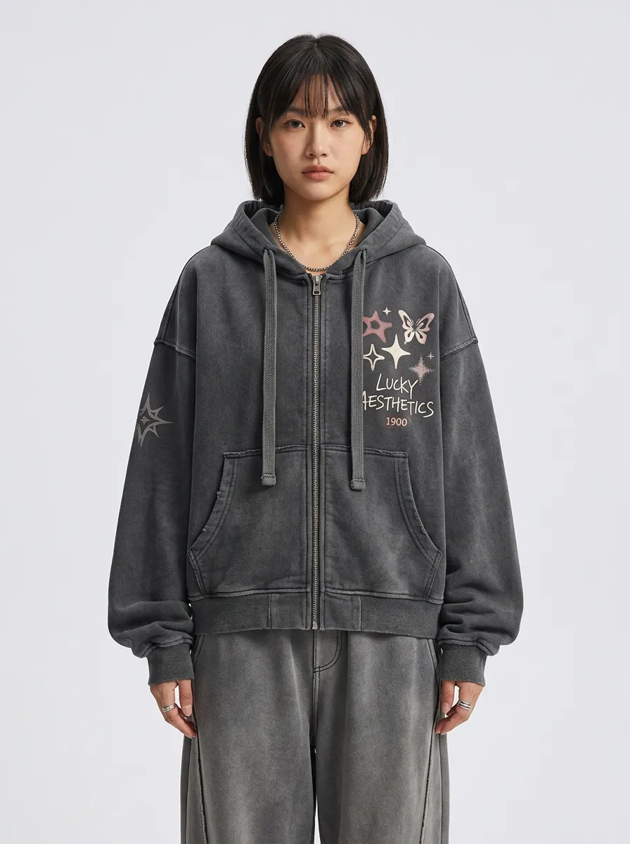 Women's Streetwear Lucky Aesthetics Butterfly Star Printed Zip-up Hoodie