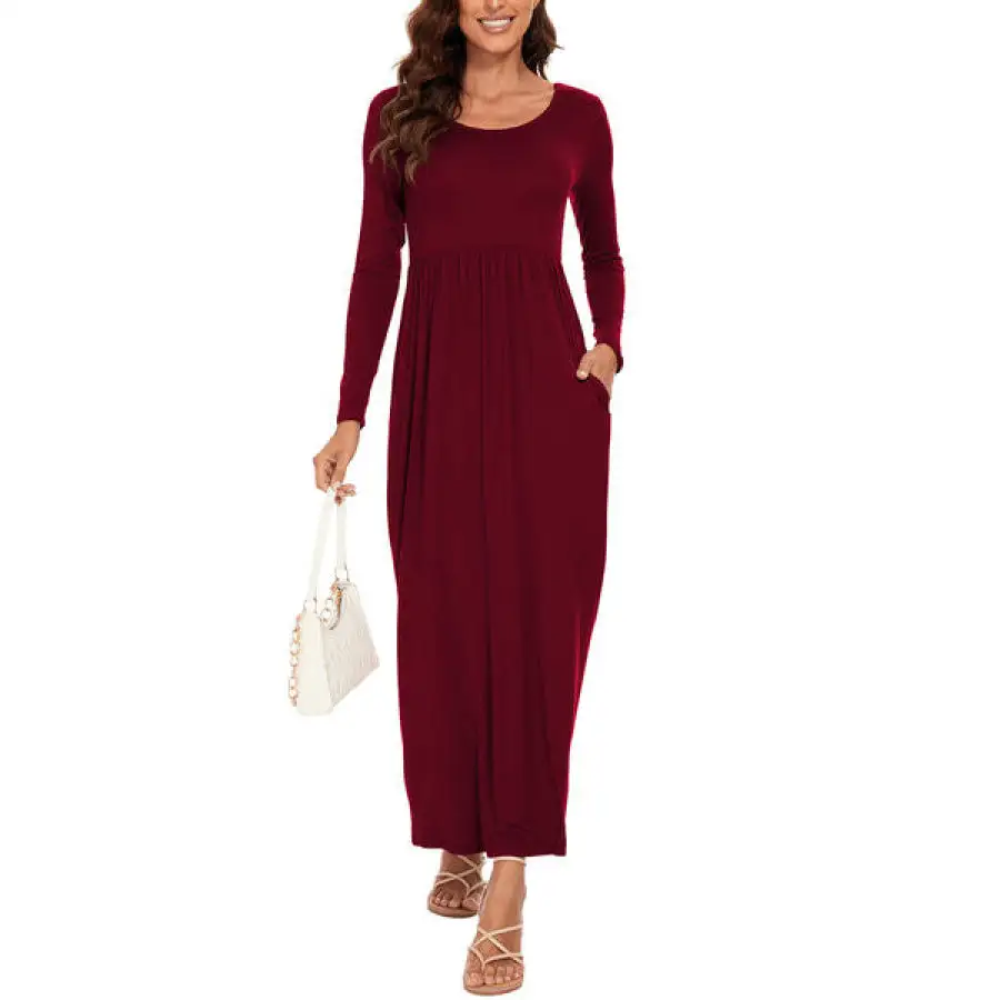 Round Neck Long Sleeve Pocketed Maxi Dress