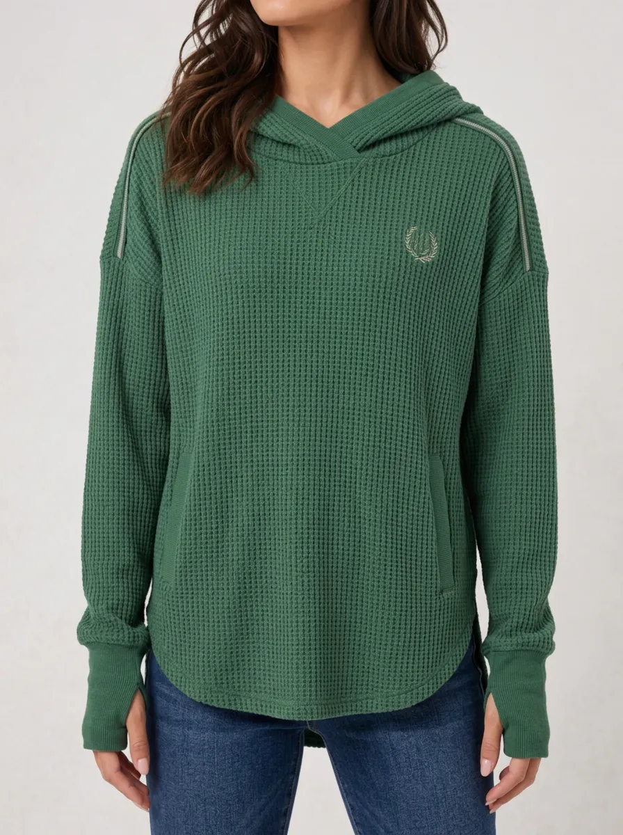 Women's Green Waffle Knit Laurel Embroidery Hooded Top