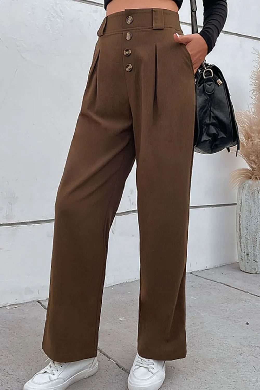 Wide Leg Pleated Pocketed Button Detail Pants