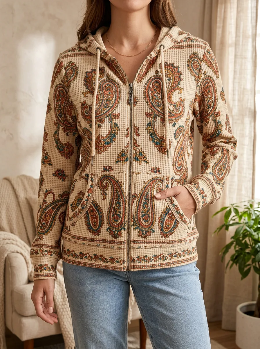 Women's Boho Paisley Signature Feature Waffle Zip-Up Hoodie