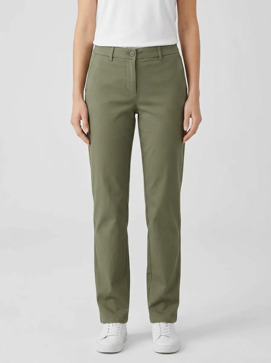 Women's Olive Green Solid Color Mid-Rise Straight Leg Pants