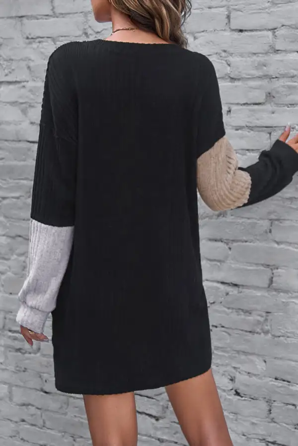 Ribbed Color Block Drop Shoulder Long Sleeve Mini Dress