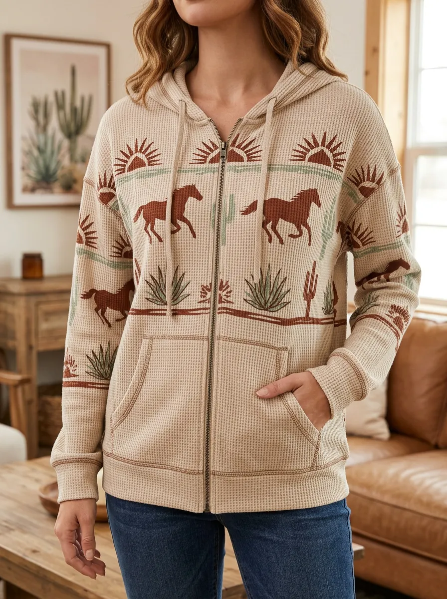 Women's Western Horse Cactus Sun Signature Motif Waffle Zip-Up Hoodie