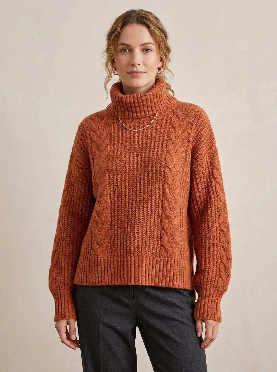 Women's Casual Fall Fashion Rust Orange Cable Knit Turtleneck Sweater