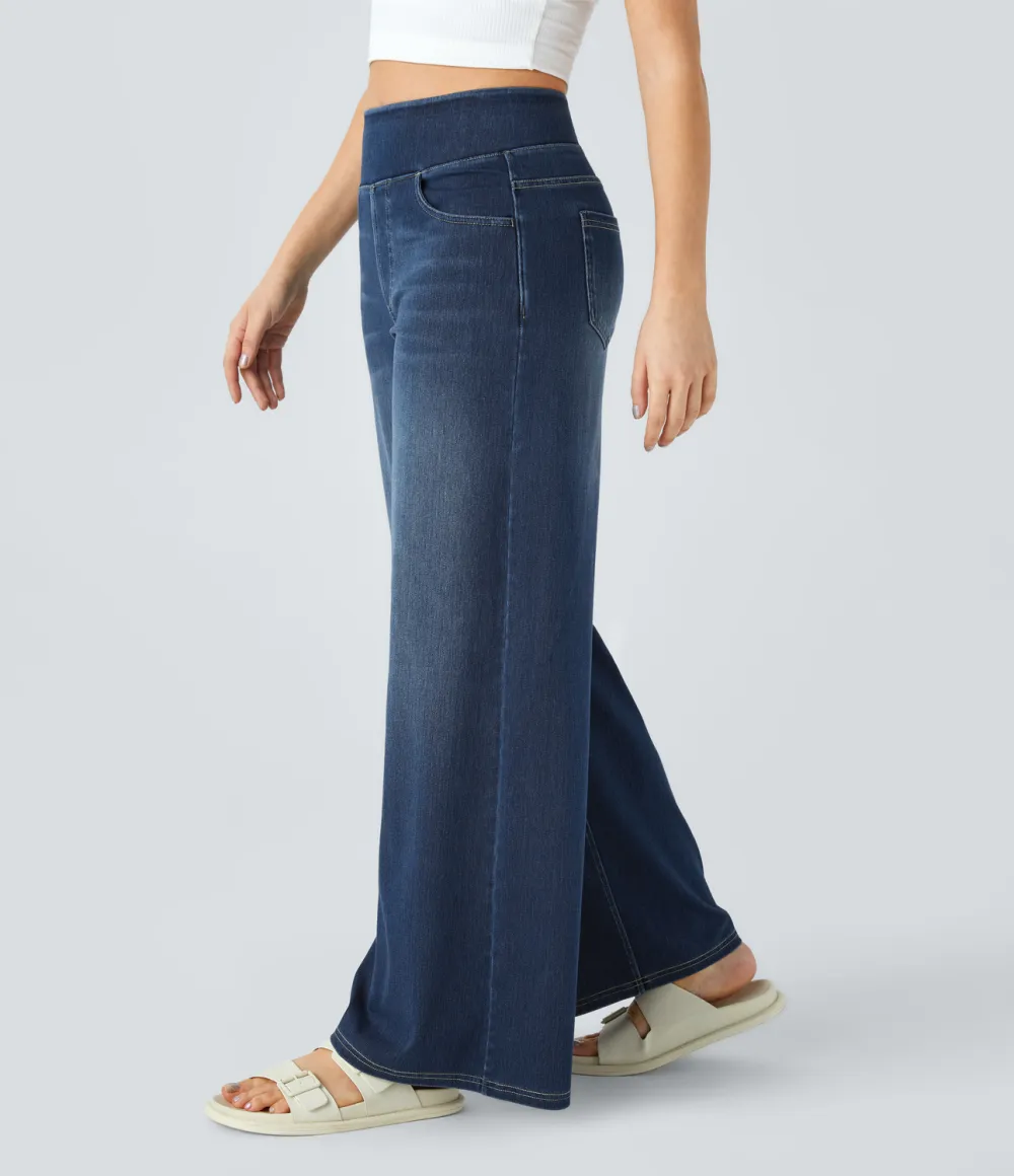 Magic High Waisted Multiple Pockets Wide Leg Washed Stretchy Knit Casual Jeans