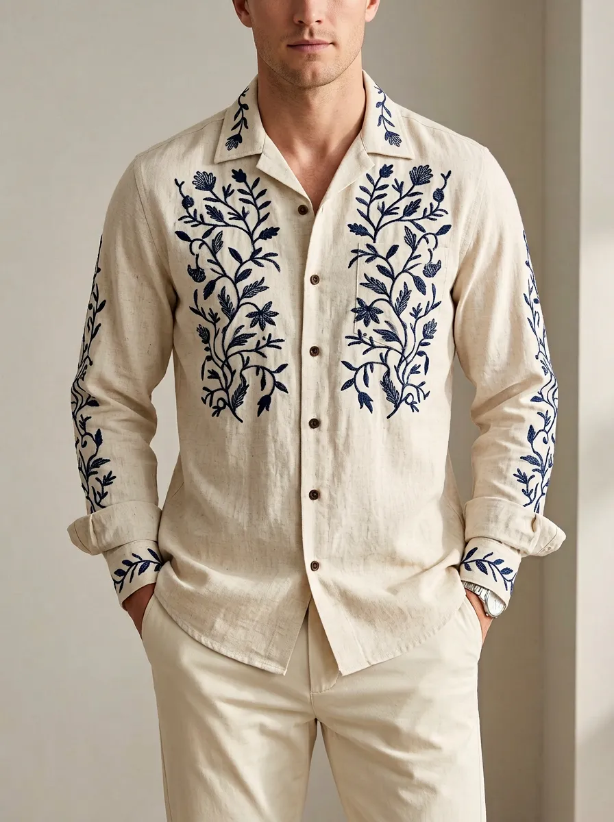 Men's Refined Floral Embroidered Linen Shirt