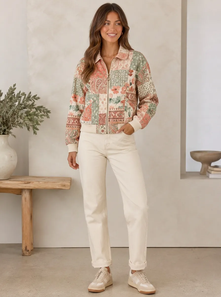 Women's Boho Floral Paisley Patchwork Printed Zip-up Jacket