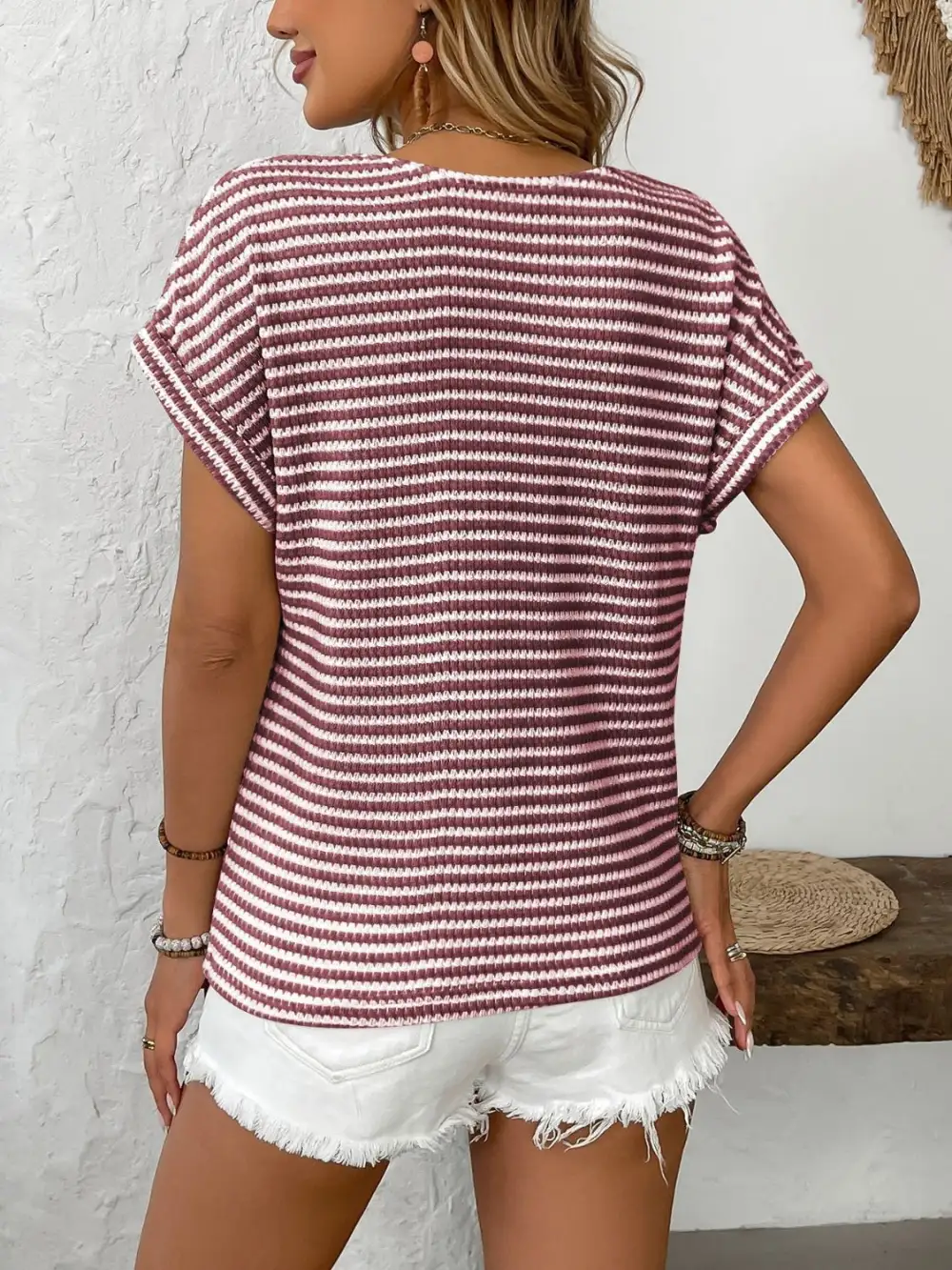 V-Neck Short-Sleeve Button-Detail Striped T-Shirt