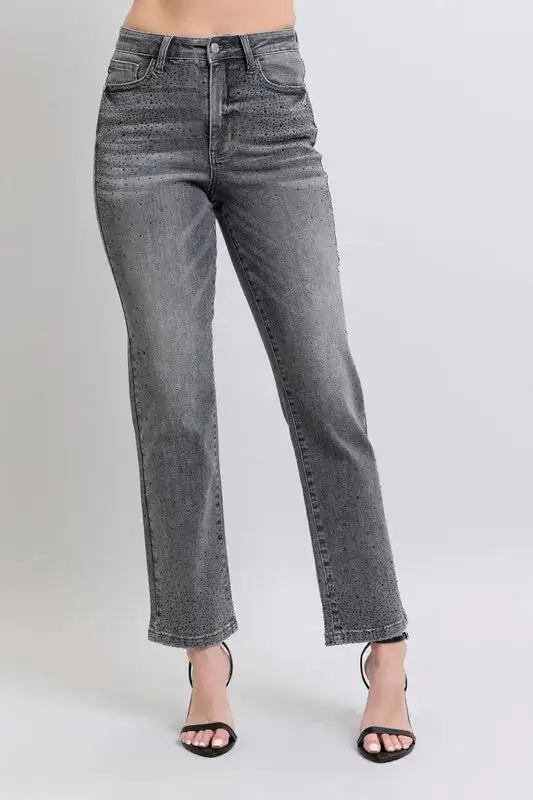 High Waist Rhinestone Straight Plus Denim Jeans