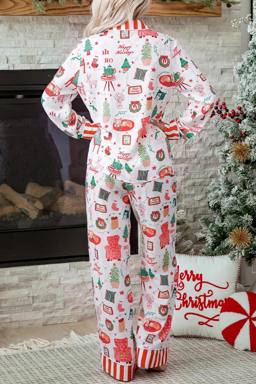 Women's Striped Holiday Long Sleeve Two Piece Shift Home Wear Lounge Set