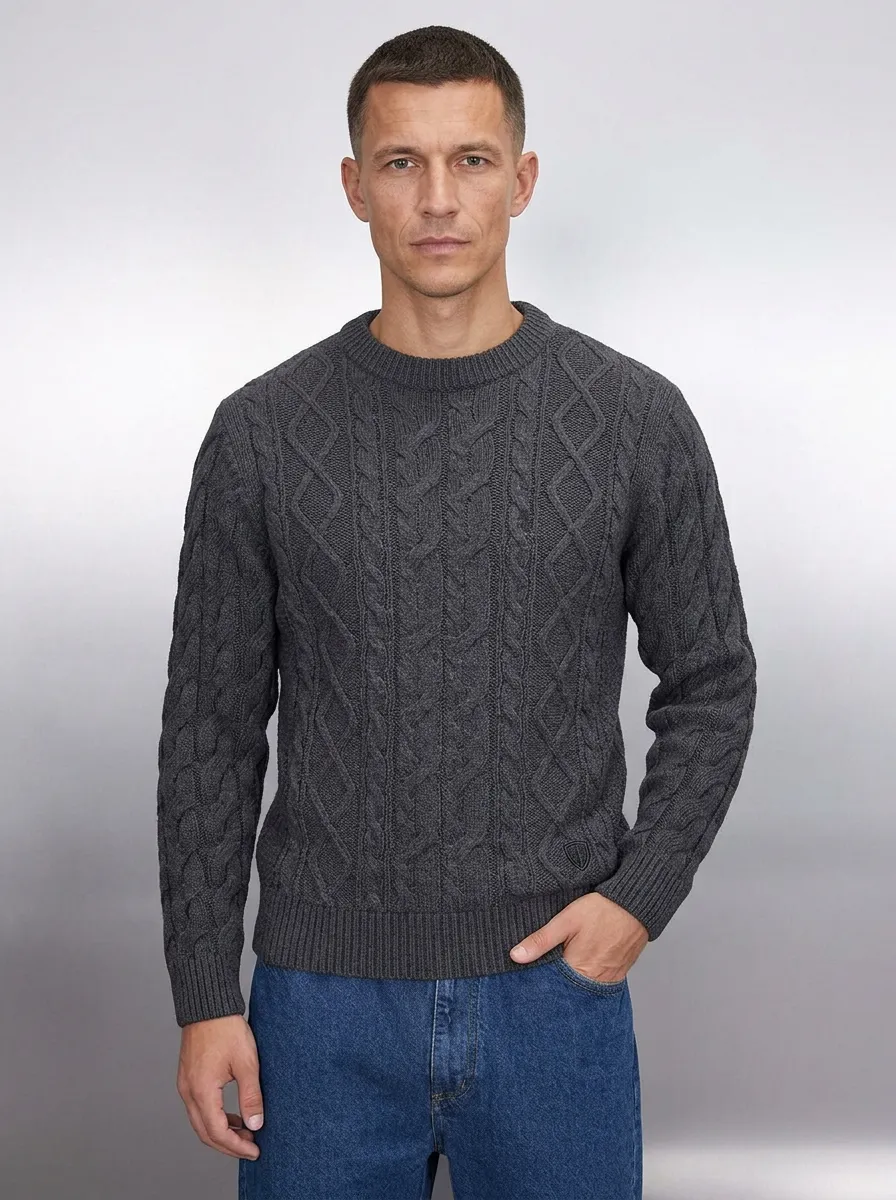 Men's Charcoal Grey Casual Grey Cable Knit Pattern Knit Sweater