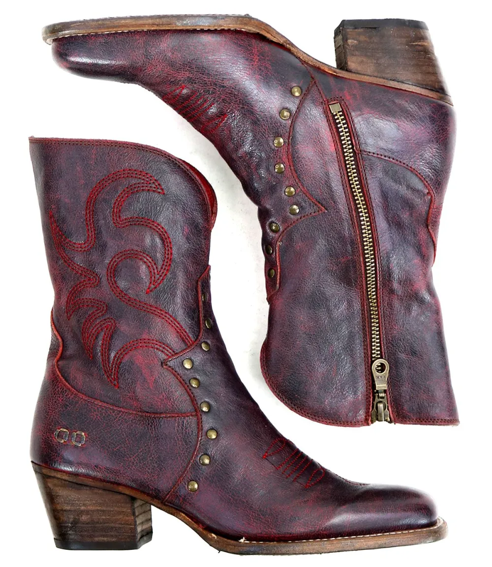 Side-Zip Studded Contrast-Stitched Western Boots
