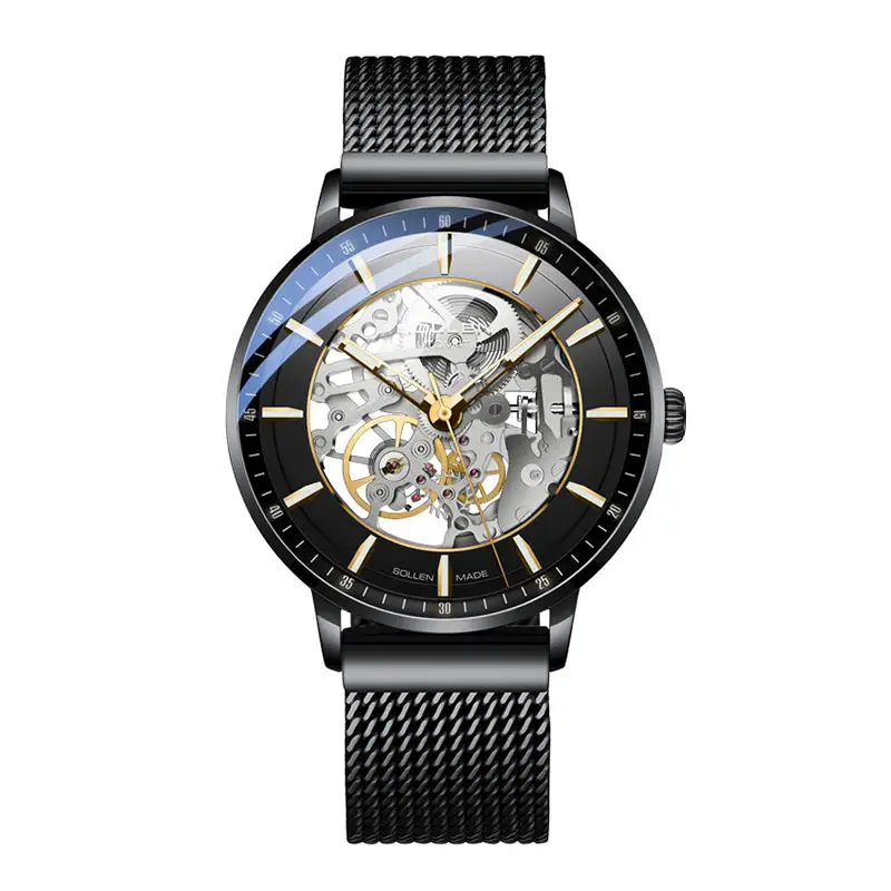 Sollen SL359 Men's Open Heart Full Skeleton Automatic Mechanical Watch - 42mm Stainless Steel Case Slim 9.9mm Luminous Markers Mesh Bracelet Wristwatch
