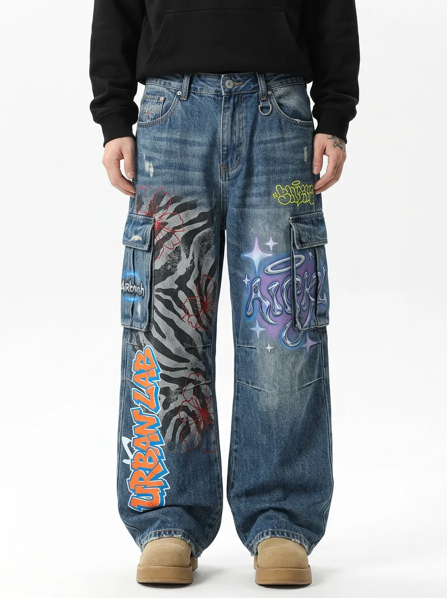 Men's Streetwear Graffiti Zebra Floral Graphic Cargo Jeans
