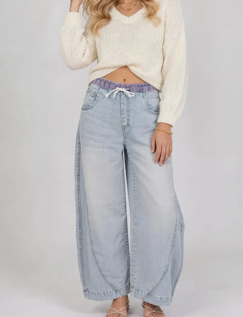 Color Block Drawstring Waist Barrel Leg Denim Pants