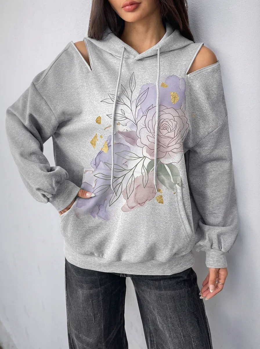 Women's Floral Watercolor Gold Foil Printed Cold Shoulder Hoodie