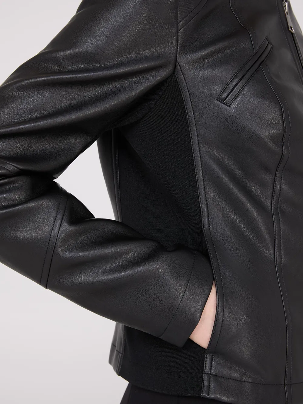 Collarless Faux Leather Coat
