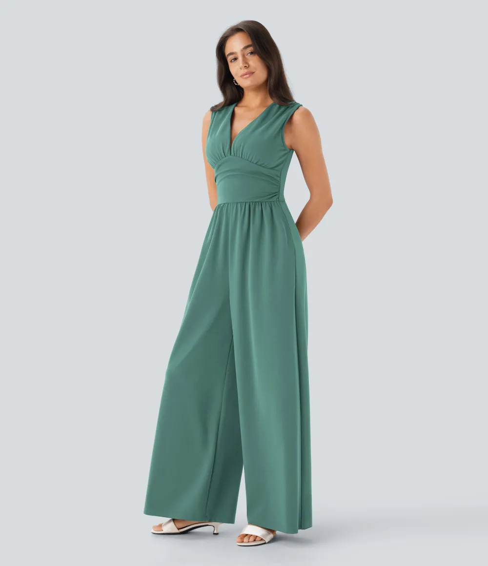 SculptKnit V Neck Sleeveless Ruched Pocket Jumpsuit-Easy Peezy