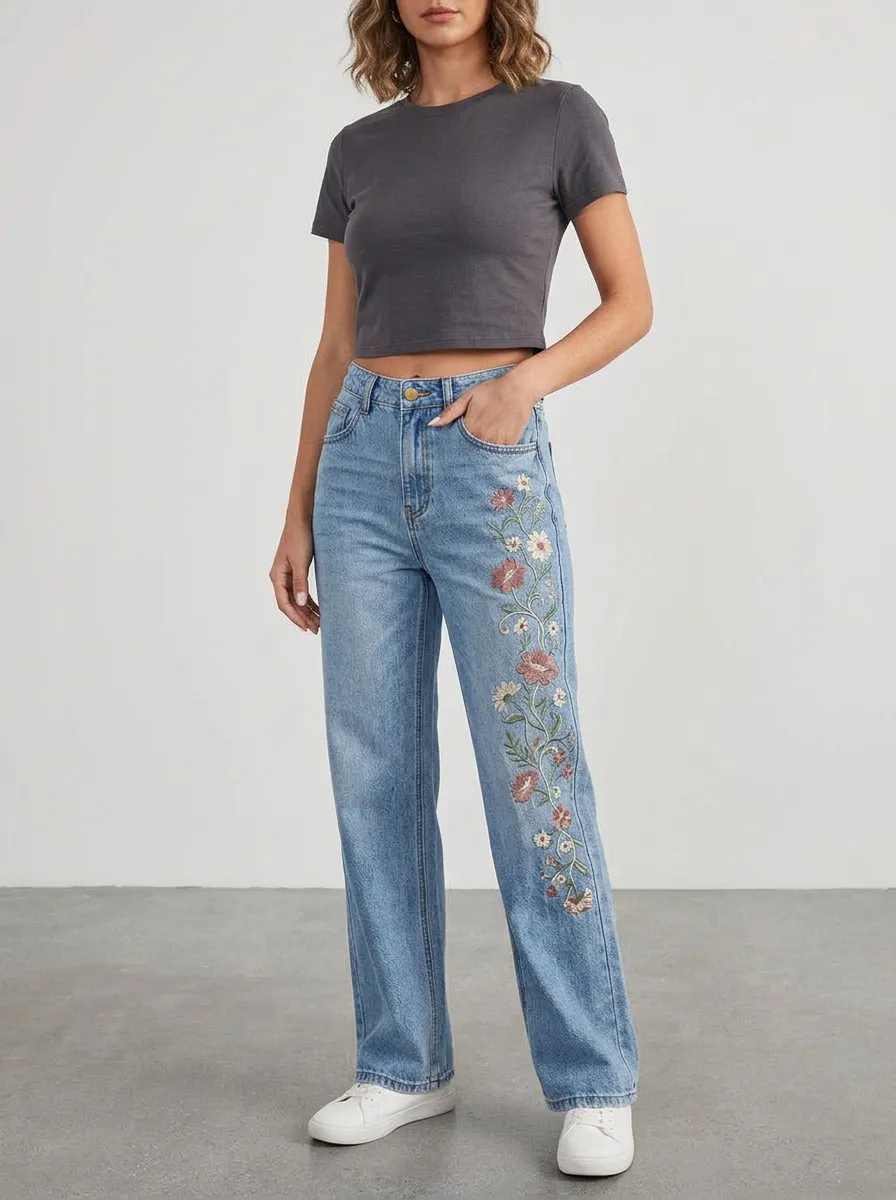 Women's Light Wash Floral Embroidered High-Rise Five-Pocket Straight Leg Jeans