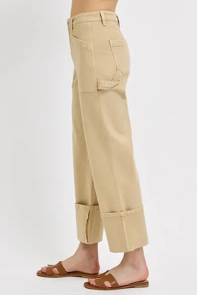 High Rise Wide Straight Cuffed Patch Denim Jeans