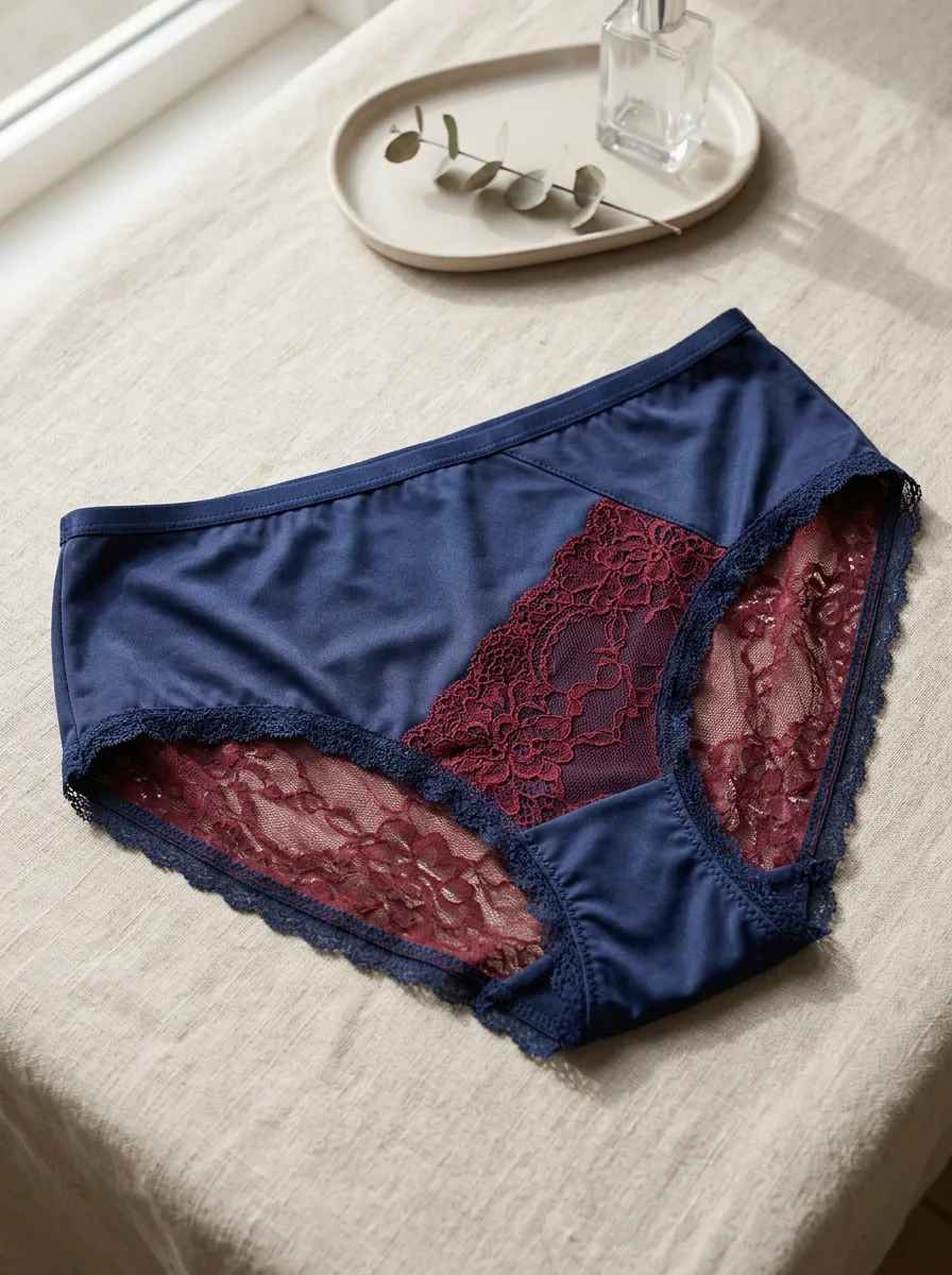 Women's Navy Blue Burgundy Floral Lace Trimmed Panties