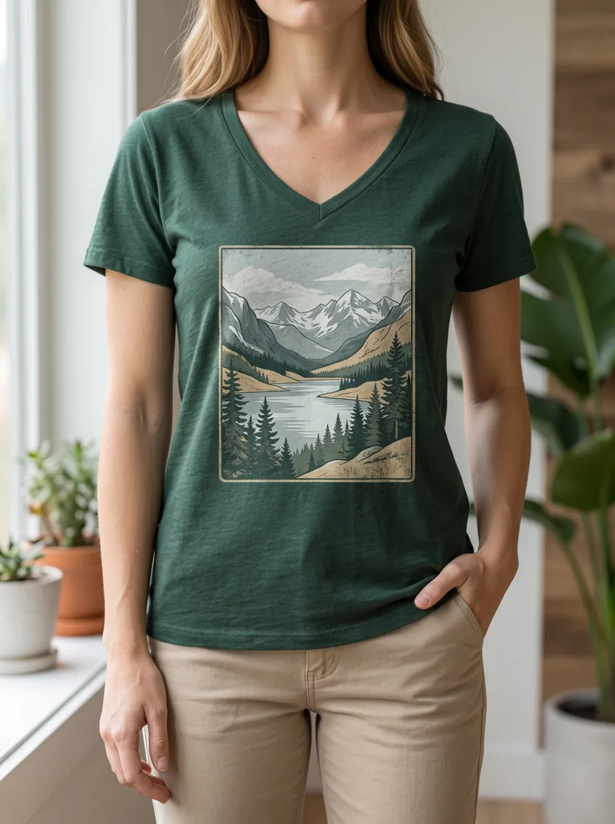 Women's Landscape Nature Lover Mountain Lake Forest V-Neck T-Shirt