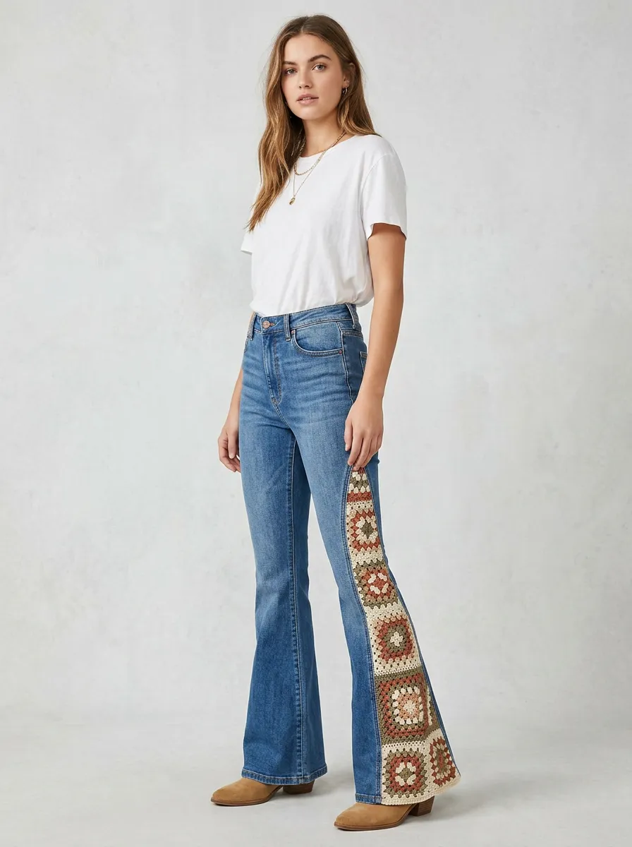 Women's Boho Style Granny Square Patchwork Printed Flare Jeans