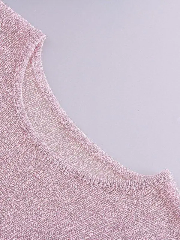 Crew-Neck Sheer Metallic Cropped Tank Top
