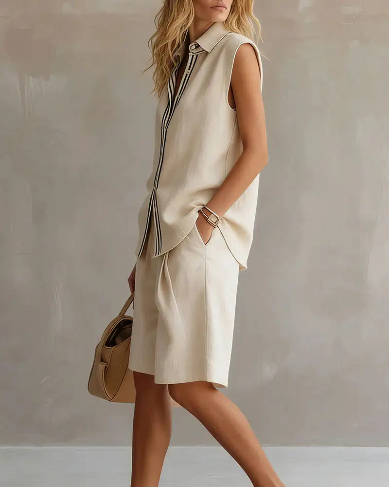 Casual Sleeveless Button-Down Shirt and Shorts Two-Piece Set