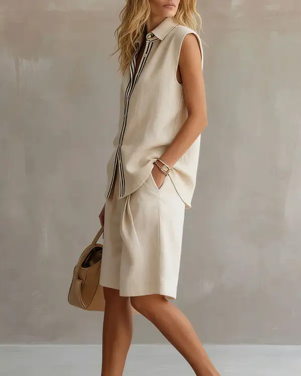 Casual Sleeveless Button-Down Shirt and Shorts Two-Piece Set