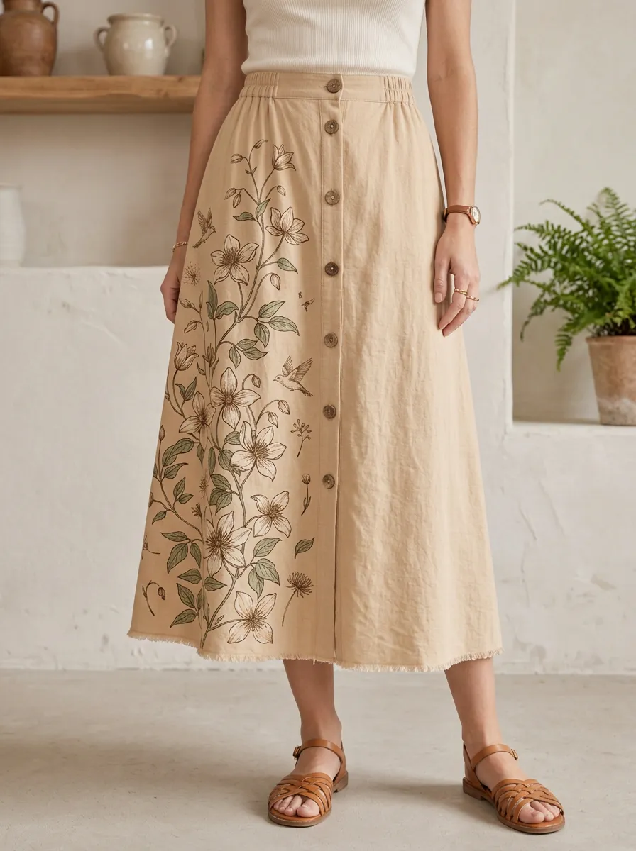 Women's Botanical Hummingbird Floral Printed Midi Skirt