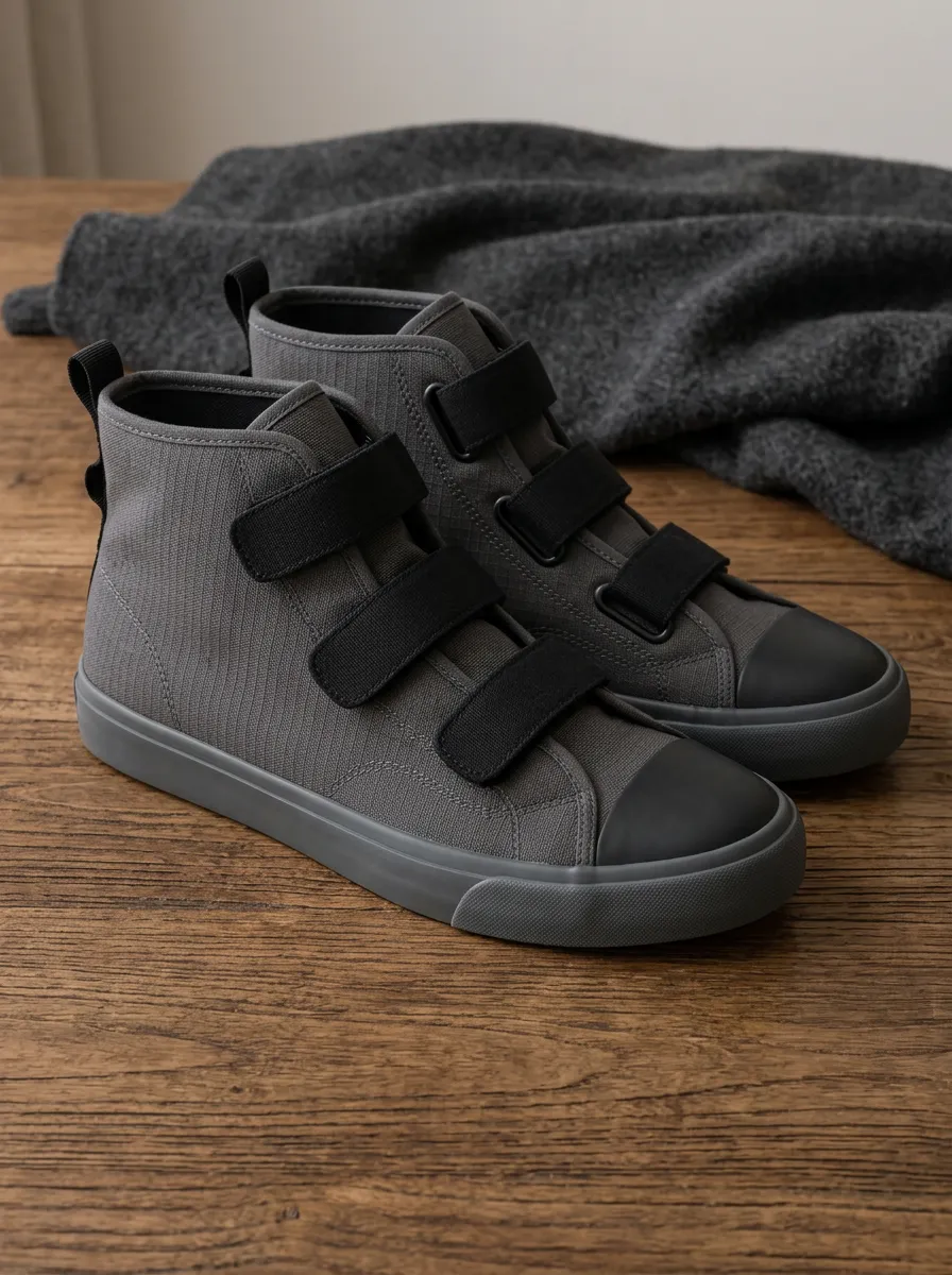 Men's Grey Minimalist Hook-and-Loop Canvas High-Top Shoes