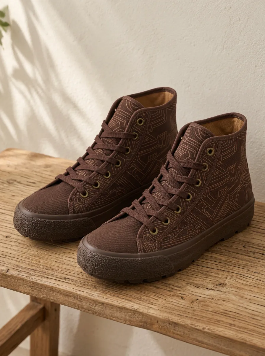 Men's Geometric Line Art Brown Printed Canvas Shoes