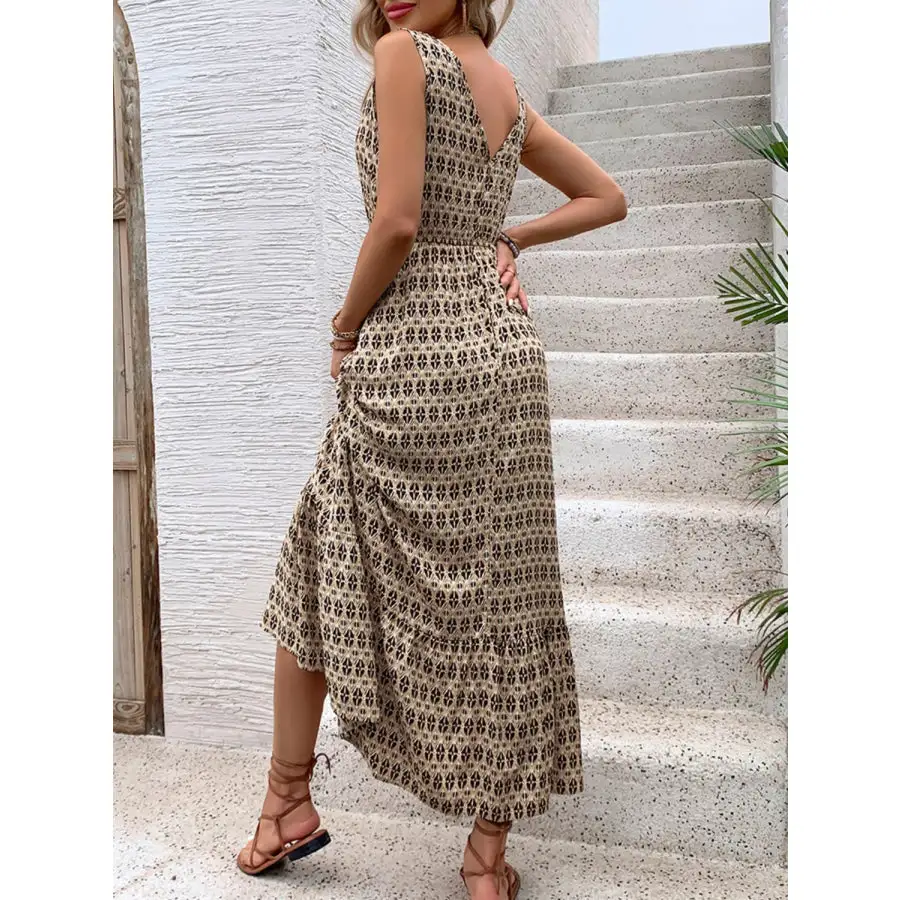 Printed V-neck Tie Waist Midi Dress